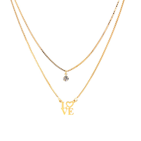 Introducing the Love Heart Brilliant Stone 2 Stack Necklace Box Chain: two exquisite, 14k gold-filled pieces perfect for layering. The first features a small diamond pendant, while the second spells out "LOVE" with a heart symbol replacing the "O.